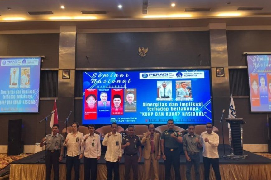 SEMINAR NASIONAL- Dewan Pimpinan Cabang (DPC) Perhimpunan Advokat Indonesia (PERADI) Kota Palu menggelar Seminar Nasional dengan Tema " Sinergitas dan Implikasi Terhadap Berlakunya KUHP dan KUHAP NASIONAL" yang dilaksanakan di Hotel Best Western PLus Coco Palu. Jl. Basuki Rahmat, Kelurahan Biorobuli Selatan, Kecamatan Palu selatan, senin (19/1/26).